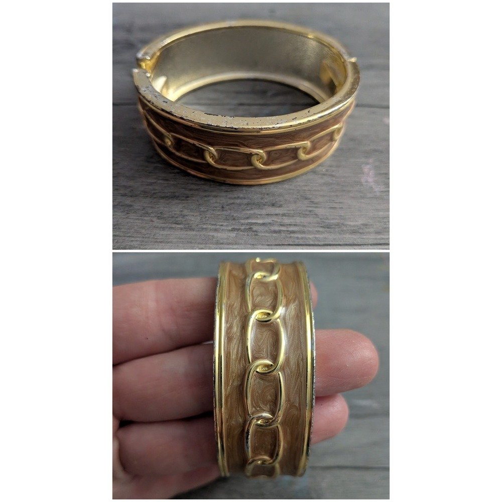 Vintage Gold Tone Brown Enamel Chain Link Hinged Bangle Bracelet Statement Wide